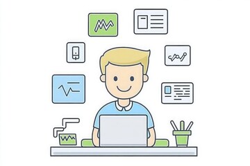 Young man sitting at desk working on laptop with web design tools icons, smiling, flat vector style