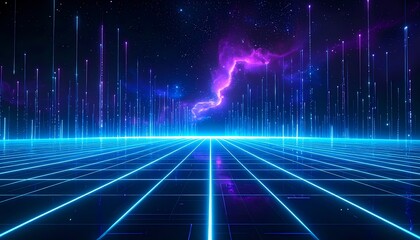 Futuristic digital landscape with glowing blue grid, vertical light beams, and an energetic purple nebula in a starry night sky.