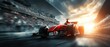 © Padungpong - A red Formula 1 race car speeds down the track at sunset, with blurred motion and a cheering crowd in the grandstands