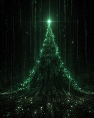 Canvas Print - Glowing Digital Christmas Tree with Green Data Rain Effect
