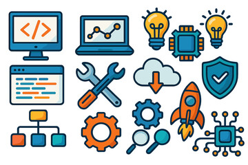Programming and web development icon set. Technology concepts for software, data analytics, startup, security, cloud computing. Modern flat cartoon vector illustration.