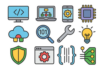 Technology icon set for software development and programming. IT business concept vector icons. Web design, cloud computing, data security, mobile app, and circuit symbols.