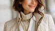 © nilanka - Smiling woman wearing a beige turtleneck sweater layered under a white blouse and a quilted jacket close up. Cozy winter fashion with natural makeup