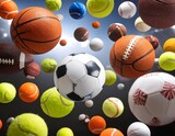 Many sports balls floating in the air