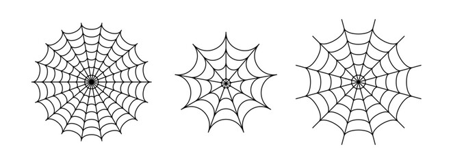Black line spider web set. Simplified cobweb collection. Halloween frame and borders elements for banner, poster, decoration. Linear spooky tangled net bundle. Vector pack