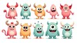 © Prateek - Set of adorable pastel-colored monster characters with big eyes and silly expressions, cartoon style, playful and friendly, perfect for kids’ designs.