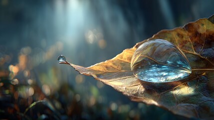 Wall Mural - A close up captures water droplets glistening on an autumn leaf bathed in soft ethereal sunlight outdoors.