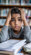 © Curioso.Photography - Sad boy sitting at desk with open books holding head in frustration.