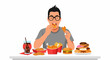 © Ayase - A person with glasses eating fast food, surrounded by various unhealthy food items.