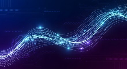 Luminous blue and purple particle streams creating a dynamic wave of digital energy and information flow