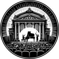 Minimalist black and white vector icon of opera, clean lines, modern, scalable, isolated for music, culture, or digital use.