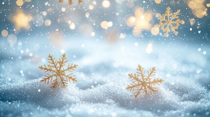 Wall Mural - golden snowflakes and stars falling on a blue background with a snowy ground.