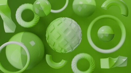 Abstract geometric shapes and light green spheres rings create a modern and vibrant design. Ideal for backgrounds, technology concepts, and digital abstract themes.