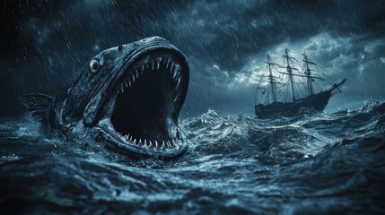 Wall Mural - a large, menacing sea creature with sharp teeth and a menacing expression, surrounded by a stormy se