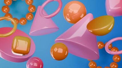 Wall Mural - Pink, orange, yellow glossy 3d shapes on blue suitable for background designs, banners, social media graphics, and modern product branding.