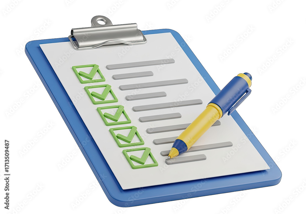 Clipboard with Paper, Checklist, Green Check Marks and Pen on ...