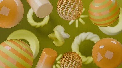 Wall Mural - Floating abstract shapes on olive background, suitable for design projects, websites, ads, and art prints needing vibrant geometric elements.