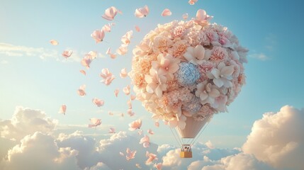 Canvas Print - a whimsical hot air balloon adorned with flowers and butterflies against a serene blue sky with fluf