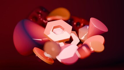 Wall Mural - Geometric shapes like spheres, cones, and hexagons in red hues. Perfect for modern designs, abstract backgrounds, and vibrant graphic projects.