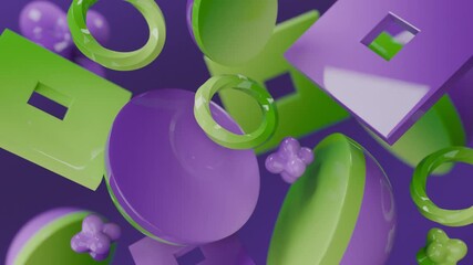 Wall Mural - Abstract composition of floating purple and green geometric shapes. Suitable for backgrounds, prints, and modern design concepts. Ideal for branding.
