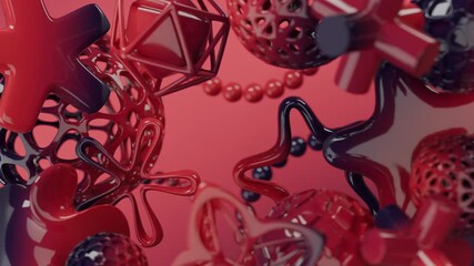 Wall Mural - Abstract red and black geometric shapes and spheres on a red background, suitable for modern design projects and tech themed visual compositions.