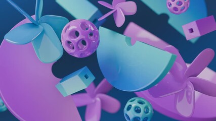Wall Mural - Abstract shapes like spheres, propellers, and rectangular prisms float in space, suitable for futuristic designs or creative concepts.