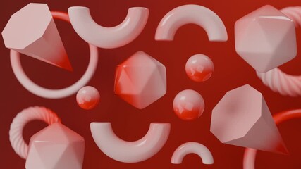 Wall Mural - 3d shapes in assortment, afloat above red background. Perfect for graphic design, educational materials, and creative concepts. Versatile and dynamic.