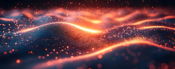 Wall Mural - abstract digital waves of glowing particles and light flow across a dark futuristic background