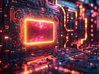 Wall Mural - abstract futuristic circuit board with glowing neon core and energy pathways