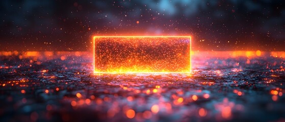 Wall Mural - a glowing neon rectangle filled with shimmering particles hovers over a dark sparking surface with a