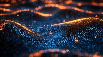 Wall Mural - futuristic abstract waves of glowing blue and orange particles symbolizing digital data flow network