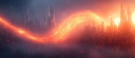 Wall Mural - a vibrant swirling stream of orange and red energy particles connects two futuristic city skylines u