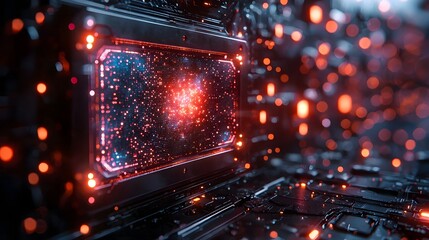 Wall Mural - abstract futuristic digital network with glowing particles and central energy core representing quan