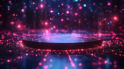 Wall Mural - a futuristic digital podium glows amidst a vibrant network of energy particles and data streams