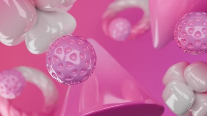 Wall Mural - Pink abstract rendering with glossy spheres shapes and geometric objects. Ideal for backgrounds, graphic design, and modern digital art projects.