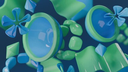Wall Mural - Abstract geometric shapes in green and blue hues floating in space, ideal for backgrounds, prints, and modern design projects.