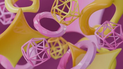 Wall Mural - Abstract geometric shapes in pink and yellow on a purple background. Ideal for modern design projects, marketing materials, and web graphics.
