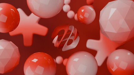 Wall Mural - Abstract geometric design with red spheres, stars, rings, and polygonal shapes suitable for graphic design projects, backgrounds, and digital art.