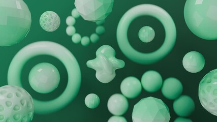 Green 3d abstract render with floating shapes. Perfect for tech, science, or futuristic design concepts. Versatile and eye catching.