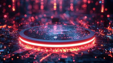 Wall Mural - a futuristic circular podium with a red glowing edge sits on a detailed abstract circuit board illum