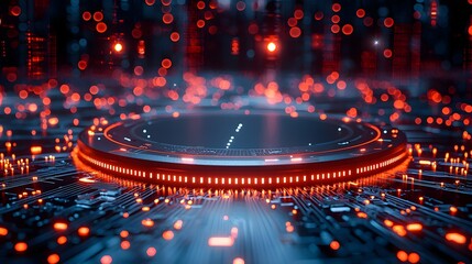 Wall Mural - futuristic glowing circuit board with central podium representing smart grid technology
