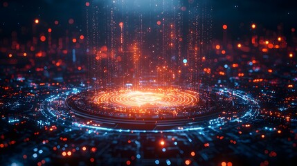 Wall Mural - futuristic digital abstract with glowing energy grid and data flow