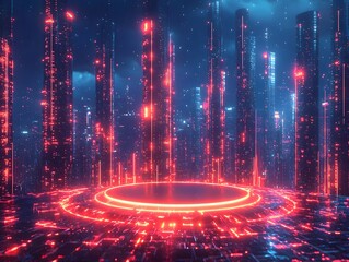 Wall Mural - a futuristic digital city with glowing red circuits and a central podium representing advanced techn