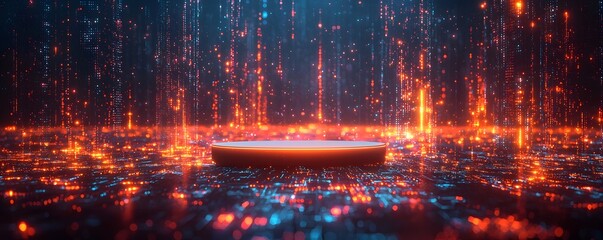 Wall Mural - a glowing futuristic digital platform rests within a vibrant stream of data particles and abstract t