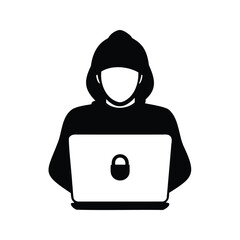 Silhouette of a hacker with a laptop, conceptual representation of online security, person accessing secure system silhouette vector illustration