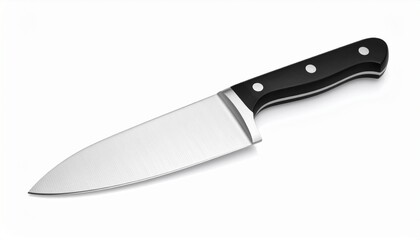 A professional stainless steel chef's knife with a sharp, wide blade and a classic black riveted handle, isolated on a white background for culinary use