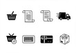 © Imtiaz - E-commerce and shopping icons: basket, receipt, delivery truck, barcode, gift card, package.