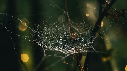 Close up of a spider web with water droplets glistening in the sunlight.