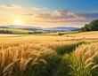 © Kitta Studio - Golden Wheat Field Under Sunrise with Rolling Hills in Background