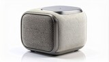 Modern portable mini bluetooth speaker with fabric finish isolated on a white background.